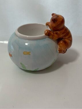 Vintage Cat Kitten Fish Bowl Tea Light Holder Figurine porcelain hand painted